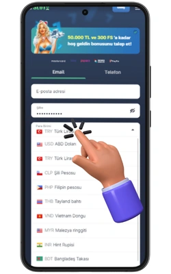 7Slots APK sına kayıt için para birimini seçin