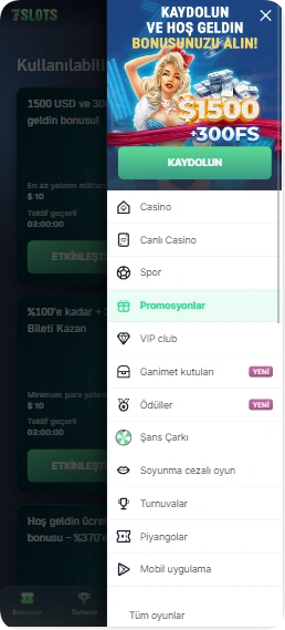 7Slots uygulamasındaki menu